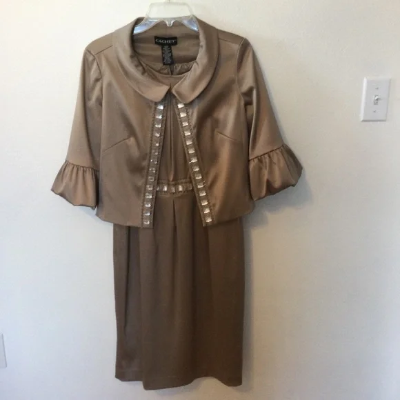 Cachet Beautiful Camel Mother of The Bride Party Holiday Jacket Dress Size 8 - Picture 3 of 9